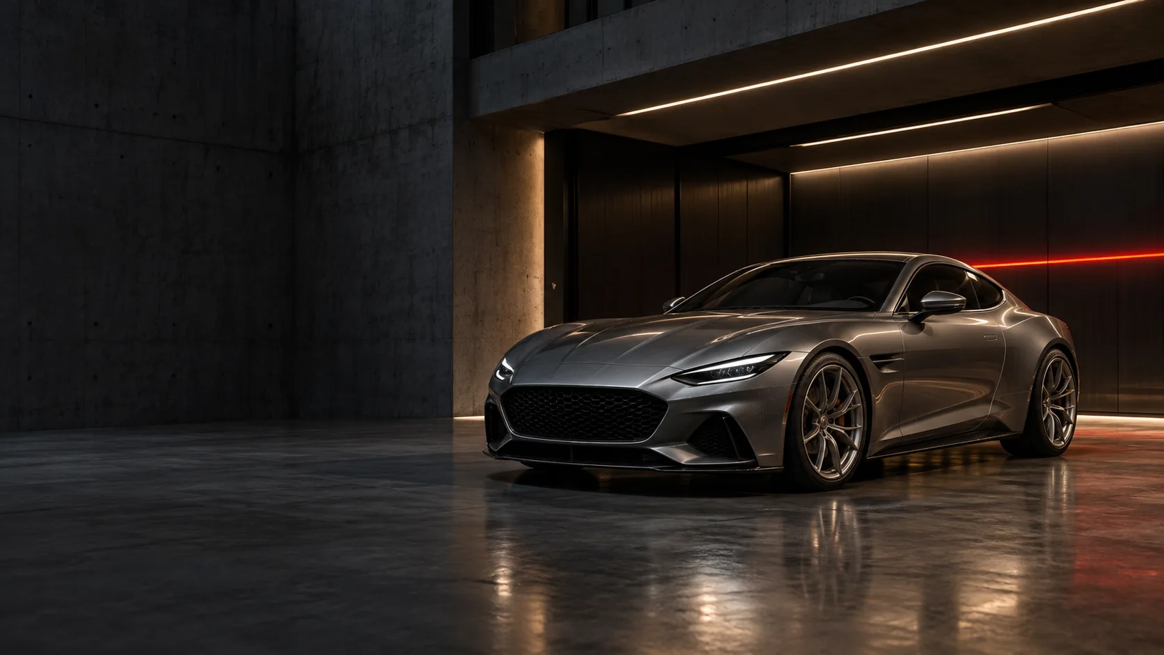 Silver performance coupe in a night-time garage, an original SCC brand visual