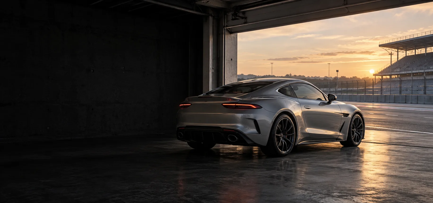 Original SCC editorial photograph of a silver coupe at a dawn pitlane garage